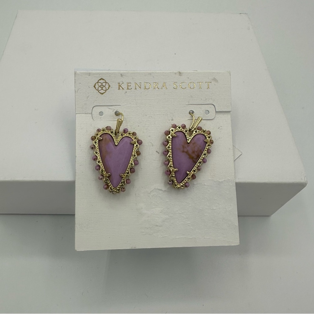 Kendra Scott Beaded Ansley Heart Drop Earrings in Gold Lilac Phosphate NWT - Picture 5 of 9